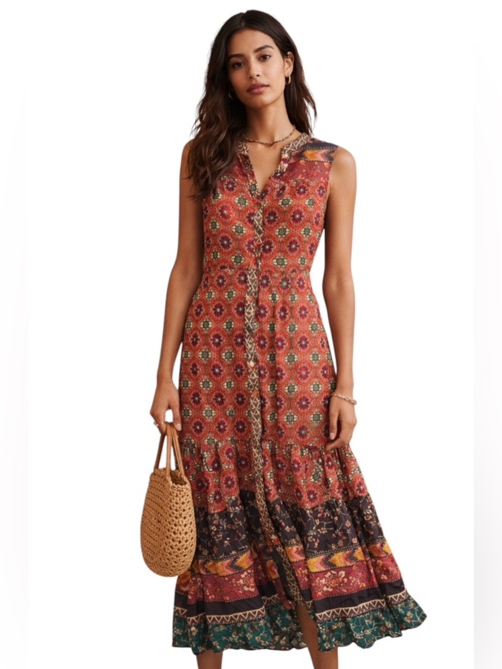 Kachel Silk Sleeveless Red Boho Midi Dress Floral Boho Patchwork Size 4